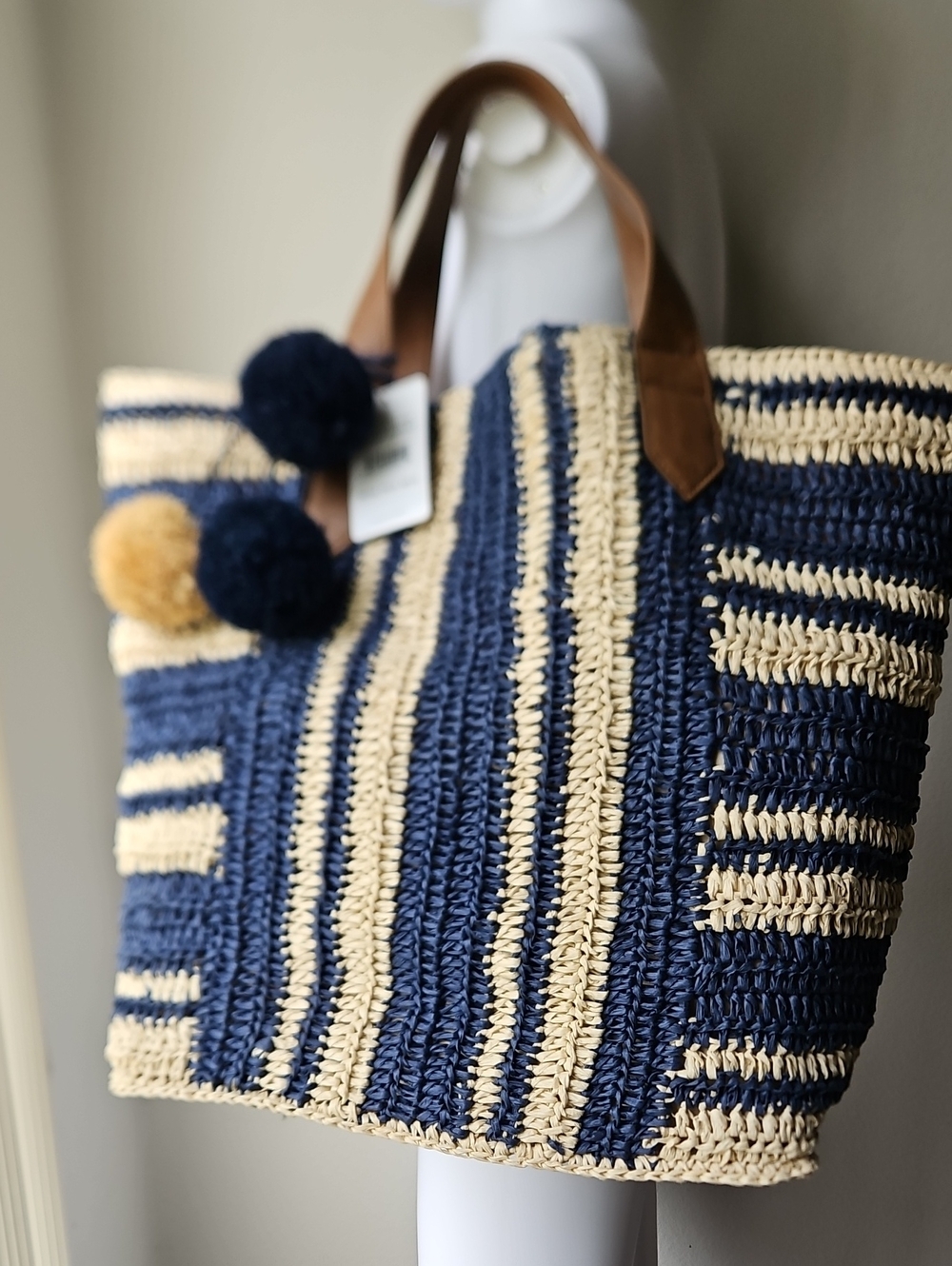 NWT Woven Navy & Natural Straw Tote Bag with Pom Pom Accents